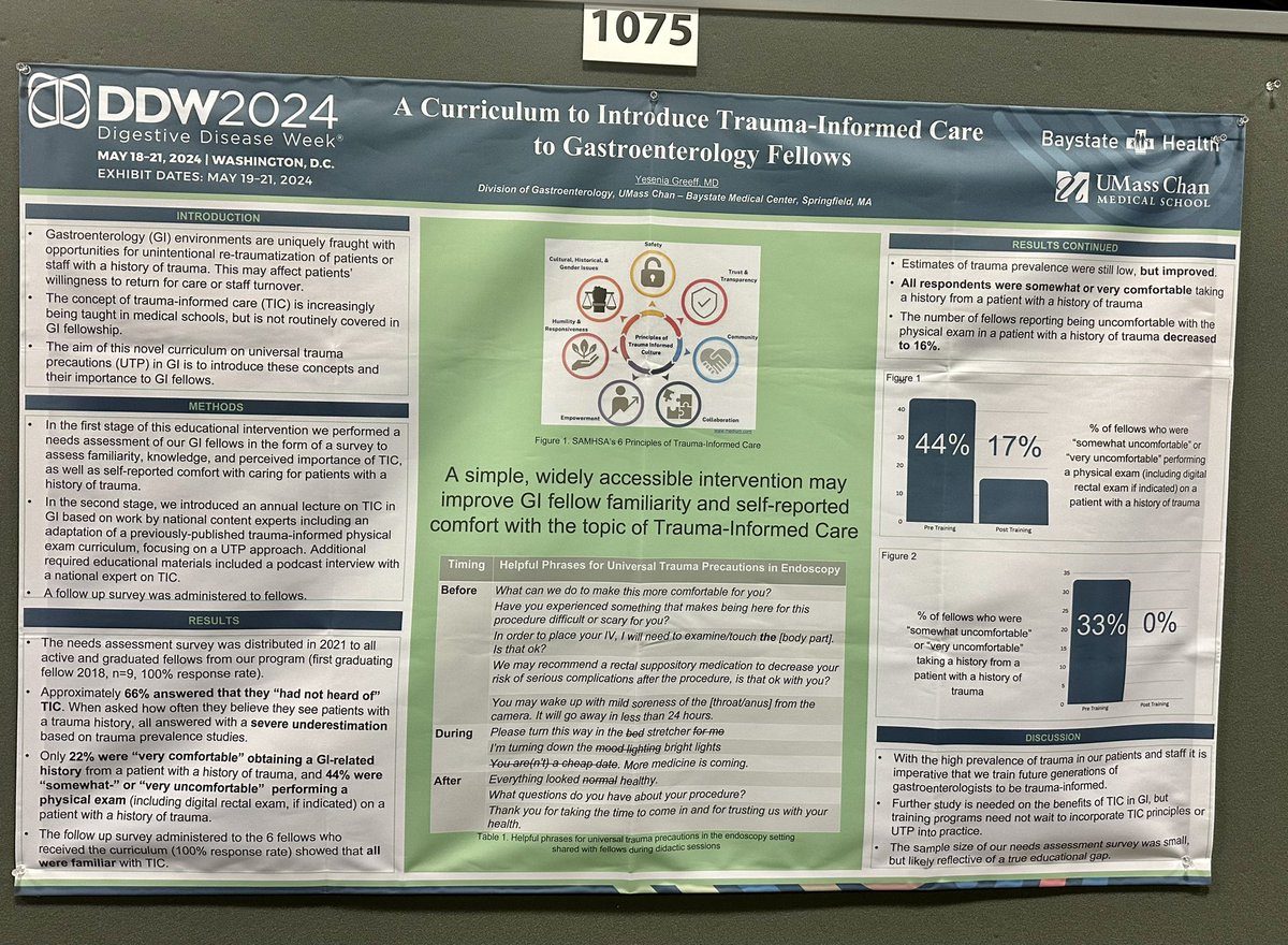 There have been some incredible poster sessions at #DDW2024, including this one about #TraumaInformedCare in #GIfellowship! As patients, we appreciate the work being done and are excited that #WholePersonCare is being highlighted in #MedEd 💜