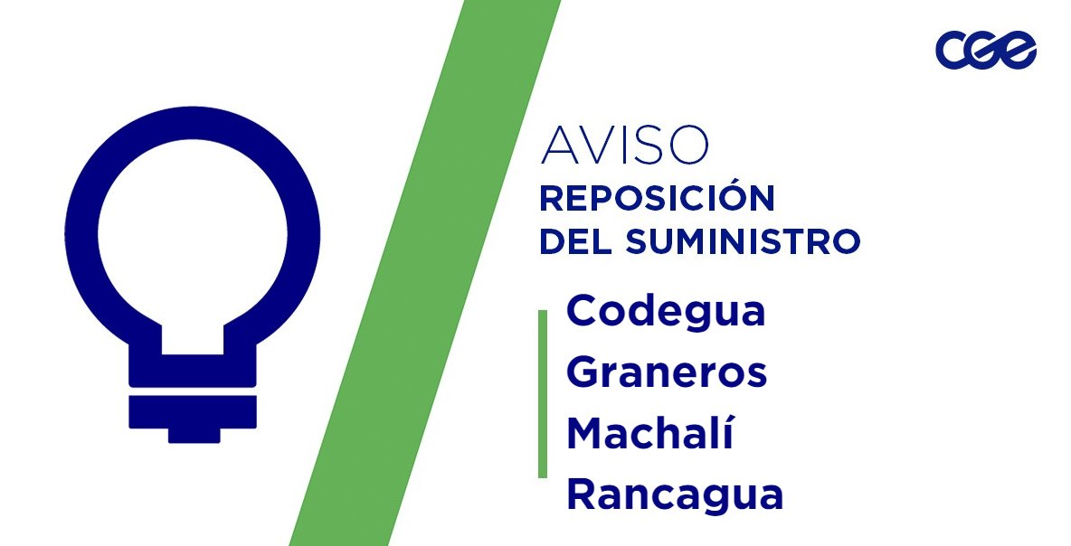 CGE_Clientes's tweet photo. Informamos a nuestros clientes de los sectores Ruta H-15, La Estancilla, Pasaje San Pablo, Pasaje San Francisco, Patricio Gallegos, comunas de #Codegua, #Graneros, #Machal y #Rancagua, la normalización del servicio. Verifica tus automáticos, si continúas sin energía, comunícate con tu número de cliente a nuestros distintos canales de atención 📲 y te ayudaremos a solucionar el problema.