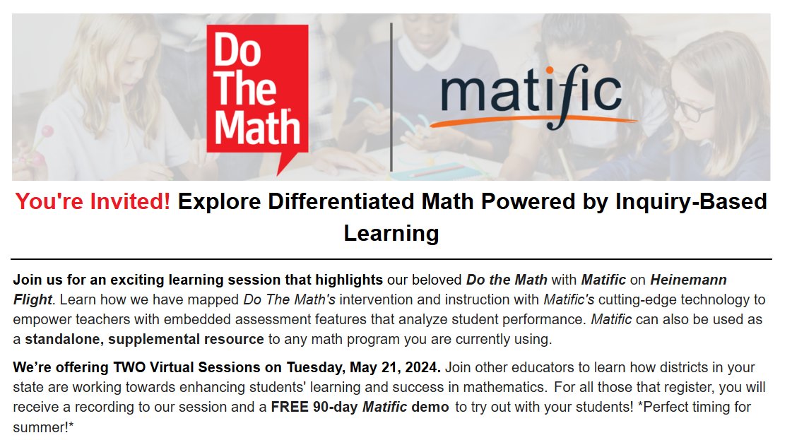 We invite you to join us to discover Heinemann’s math intervention and instruction program, Do the Math, alongside Matific’s engaging digital math activities for students. Additionally, we will explore Heinemann’s innovative Digital Flight platform. 
<a href="/HeinemannPub/">Heinemann</a>