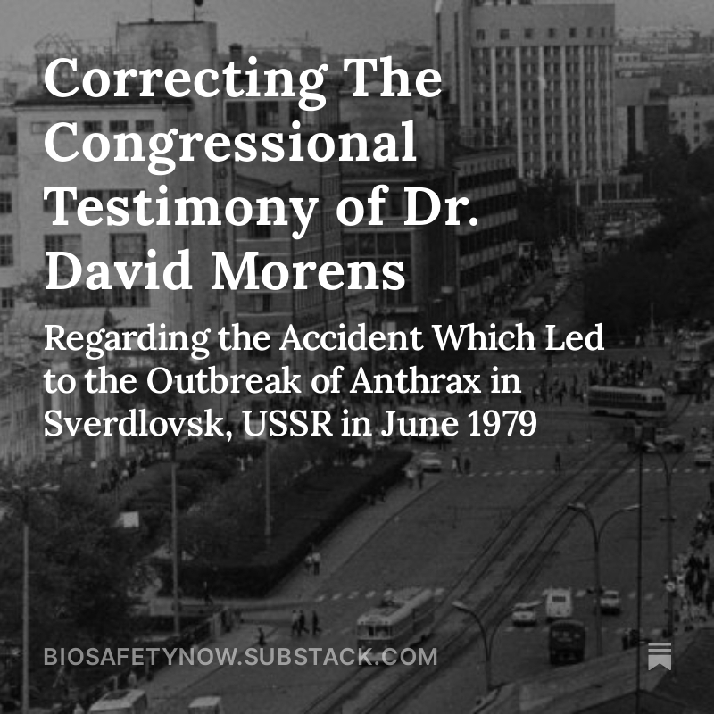 🧵Correcting The Congressional Testimony of Dr. David Morens Regarding the Accident Which Led to the Outbreak of Anthrax in Sverdlovsk, USSR in June 1979

by Milton Leitenberg

Senior Research Associate
Center for International & Security Studies
University of Maryland

(1/n)