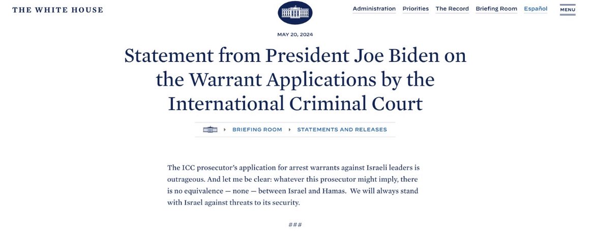 galida12's tweet photo. Presidente de EE.UU 🇺🇸 Joe Biden @potus: 

"La solicitud del fiscal @KarimKhanQC de la CPI de órdenes de detención contra líderes israelíes es escandalosa. Y permítanme ser claro: independientemente de lo que este fiscal quiera insinuar, no hay equivalencia –ninguna– entre Israel y Hamás. Siempre estaremos junto a #Israel contra las amenazas a su seguridad".