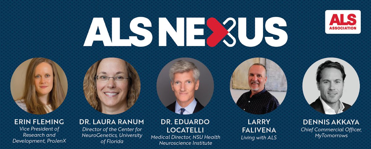 How can we increase the number of clinical trials for ALS and make them better and faster? Join us at ALS Nexus as we will welcome Erin Fleming, Vice President of Research and Development at @ProJenX, Director of the Center for NeuroGenetics at the @UF Laura Ranum, Eduardo