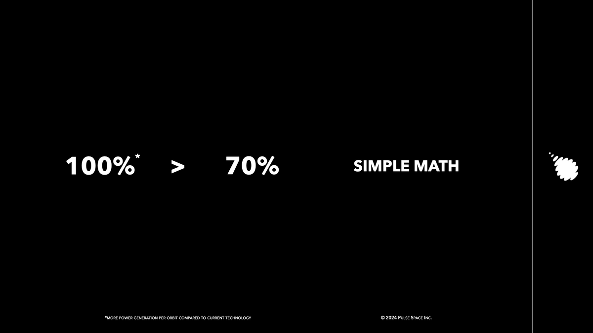 PulseSpace's tweet image. Lower your reliance on batteries in Umbra. Have max power 24/7 365 for all your assets in orbit 100% of the time. 

100 is better than 70. #SimpleMath #pulsespace