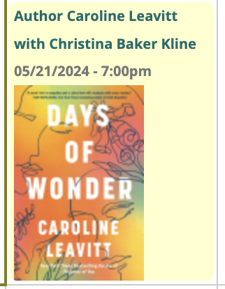 Tomorrow night at 7, the #1 (for a whole, whole year) NYT bestselling author Christina Baker Kline (Orphan Train, the Exiles) talks with me about DAYS OF WONDER at Little City Books in Hoboken (100 Bloom field). Please come, I promise to be funny.
