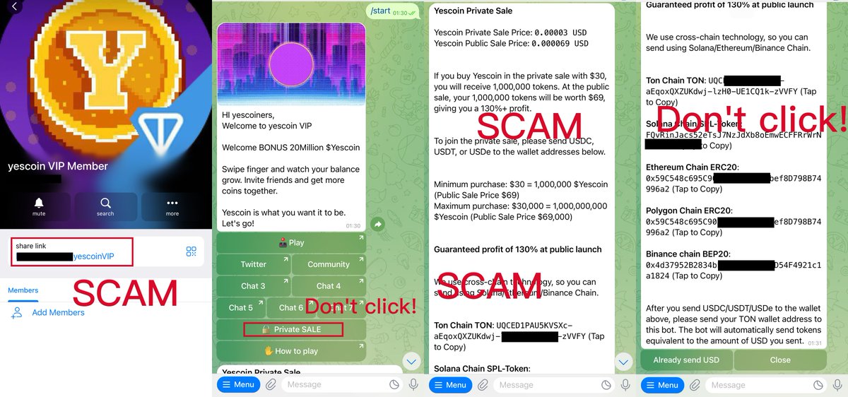 Yescoin_Fam's tweet image. Urgent Notice  🚨🚨🚨
To All Yescoin Users: 
Beware of Fraudulent Activities!  

We have discovered that our competitor is misusing our Telegram BOT link and attempting to lure users into participating in private sales to defraud them of their money.  

Attention all Yescoiners:…