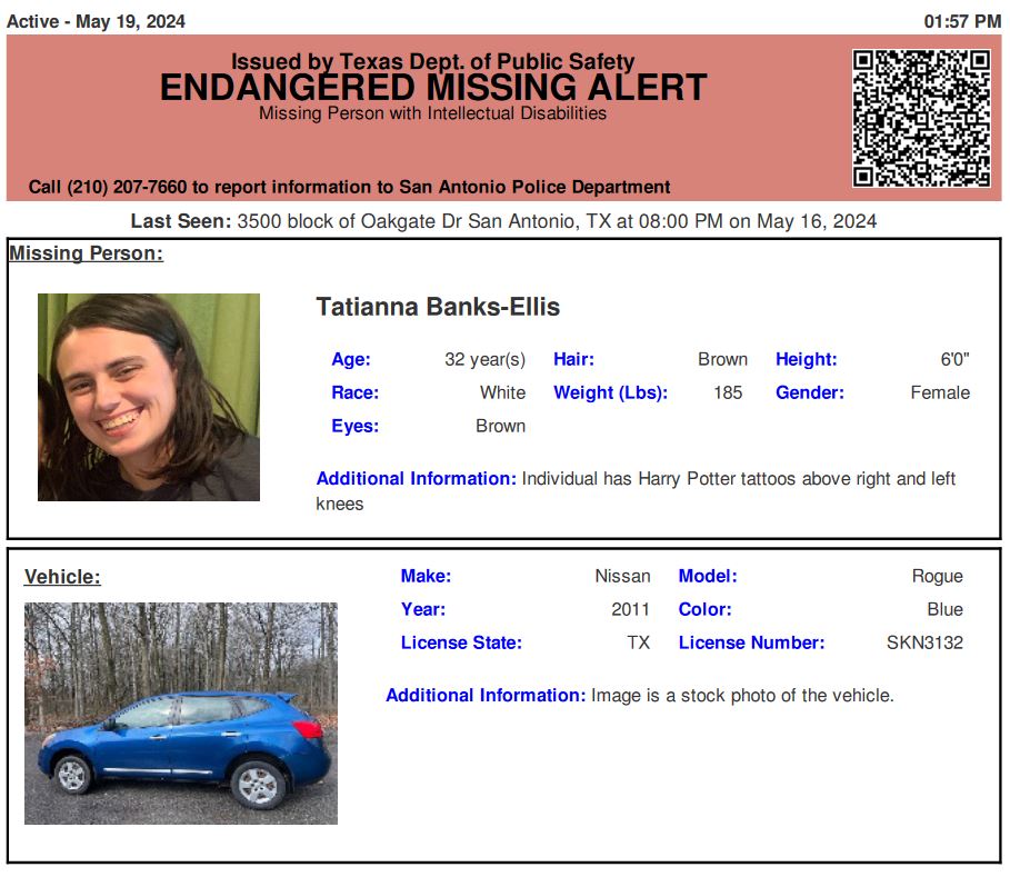 TX_Alerts's tweet photo. ENDANGERED MISSING PERSONS ALERT CONTINUES: initially issued 05/19/2024 for Tatianna Banks-Ellis from San Antonio, TX, TX plate SKN3132. https://t.co/qk3JMupq5f
