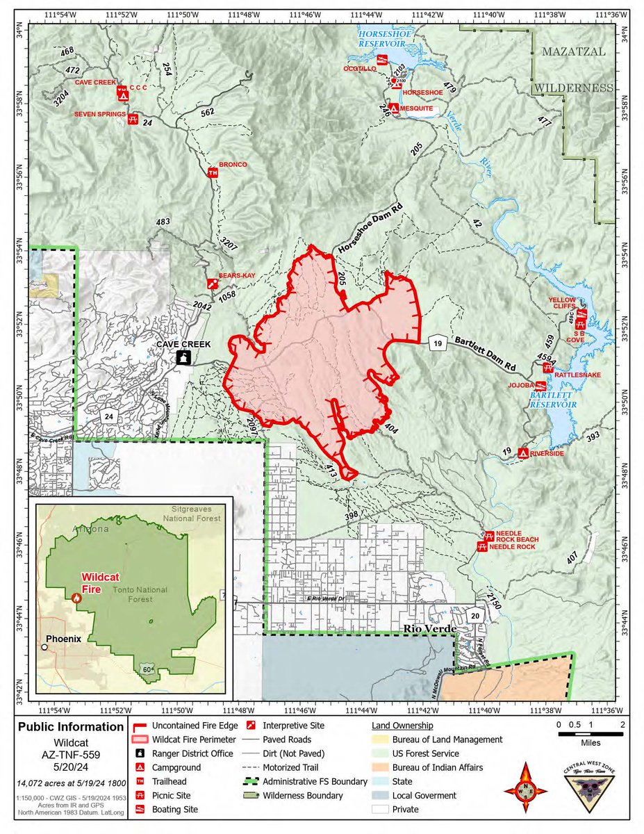 TontoForest's tweet image. #WildcatFire Update- Monday, May 20, 2024
Location: East of the Desert Mountain Community and Tonto Hills Development; West of Bartlett Lake Reservoir in the Cave Creek Ranger District.
Start Date: May 18, 2024
Size: Approx. 14,072 acres
Percent Contained: 0%
Read more below⬇️