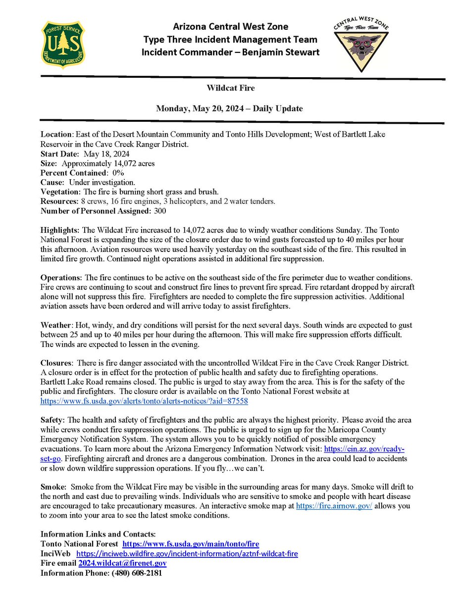 TontoForest's tweet image. #WildcatFire Update- Monday, May 20, 2024
Location: East of the Desert Mountain Community and Tonto Hills Development; West of Bartlett Lake Reservoir in the Cave Creek Ranger District.
Start Date: May 18, 2024
Size: Approx. 14,072 acres
Percent Contained: 0%
Read more below⬇️