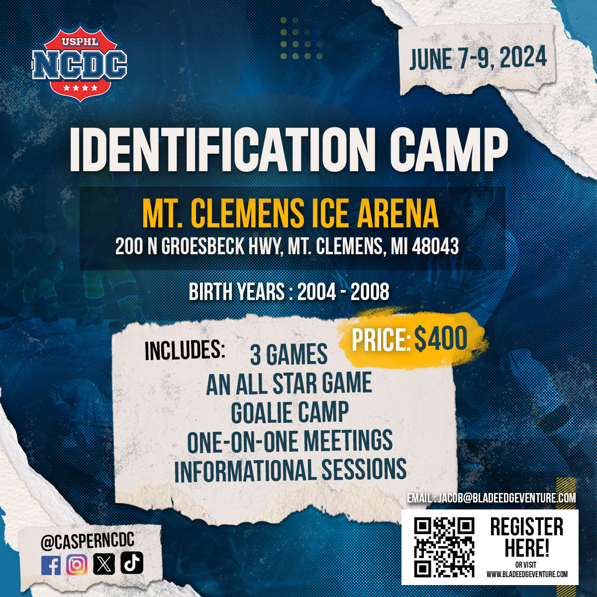 CasperWarbirds's tweet photo. Think you have what it takes to play NCDC hockey? Join us in Mt. Clemens, Michigan for a prospect camp June 7-9. 🔗 Sign up in bio

#casperwy #mtclemensmi #ncdc #hockey
@ncdcjrhockey @the_dankshow @usphlhockey https://t.co/m0eLKYFETQ