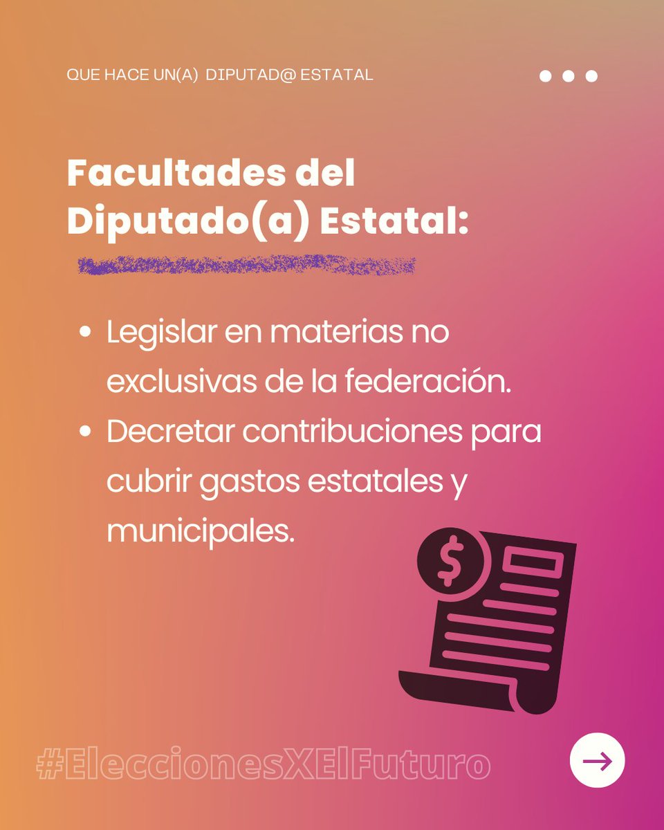 EleccionesXF's tweet photo. 🗳️ ¿Sabes qué hacen un Diputada(o) Estatal? 🤔 

Te explicamos sus funciones y cómo impactan tu vida diaria. 📜✨ 

1️⃣ Cuándo se renuevan 
2️⃣ Sus principales facultades 
3️⃣ Cómo trabajan por tu estado  

#EleccionesXElFuturo #Elecciones2024Mx #ExF2024 #mexico https://t.co/8DVo9yQ3Gd