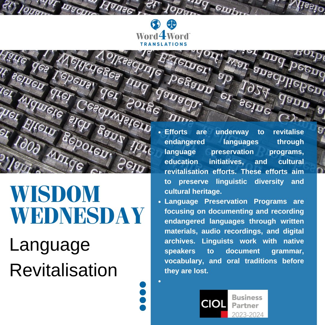 W4WTranslations's tweet image. This Wisdom Wednesday, we&apos;re shining a light on language revitalisation efforts aimed at preserving endangered languages.

#WisdomWednesday #LanguageRevitalisation #languagefacts