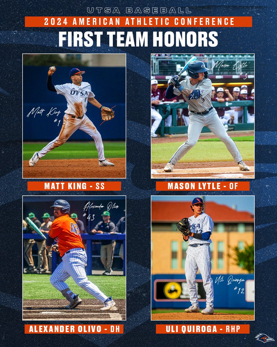 🌟 𝙁𝙄𝙍𝙎𝙏 𝙏𝙀𝘼𝙈 𝙃𝙊𝙉𝙊𝙍𝙎 🌟 @mking_33, @lytle_mason, @AlexOlivo2 and @UliQuiroga1 have all been named First Team All-@American_Conf! 🤩 #BirdsUp 🤙 | #LetsGo210