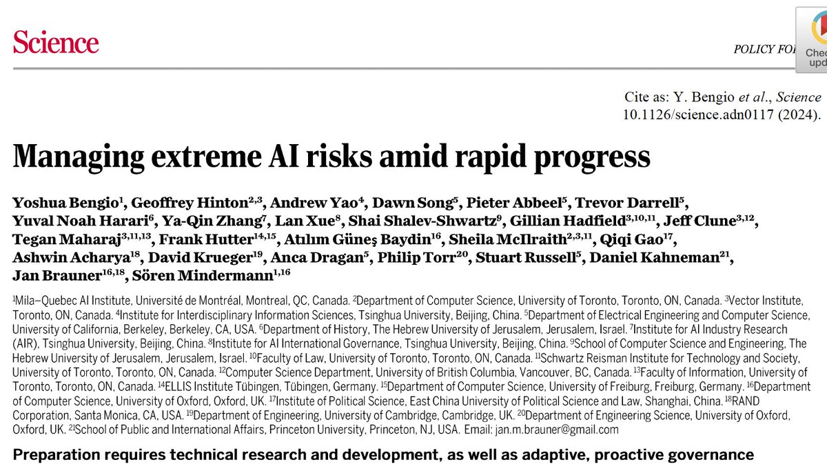 New @ScienceMagazine Mitigating the high-risk imposed by generative #AI science.org/doi/10.1126/sc… by Yoshua Bengio, @geoffreyhinton and colleagues, open-access