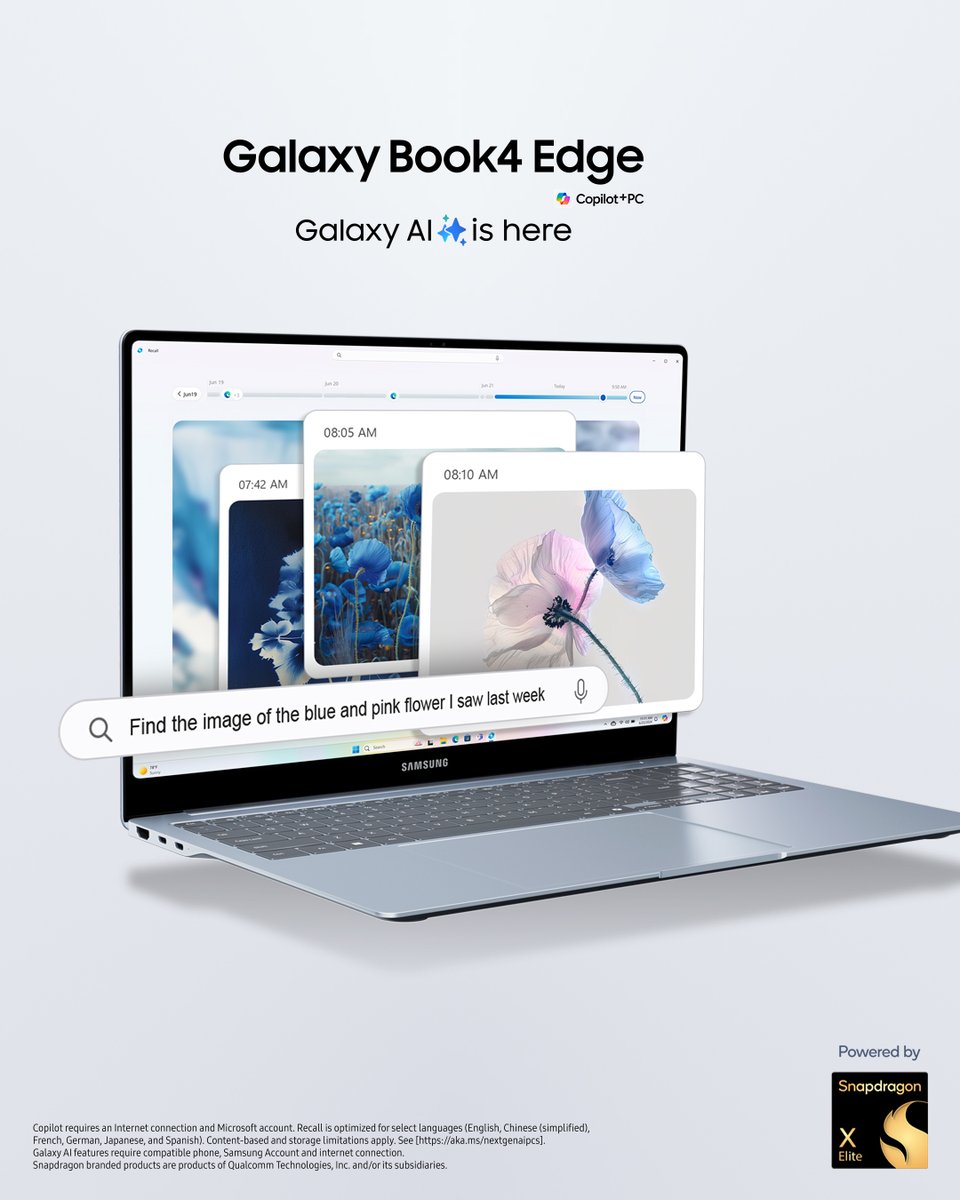 Introducing the all-new #GalaxyBook4 Edge — the first Galaxy PC built for AI.

Pre-order yours now and get a 50” Crystal UHD 4K TV on us. Limited time only.

Learn more: smsng.us/GalaxyBook4Edge
