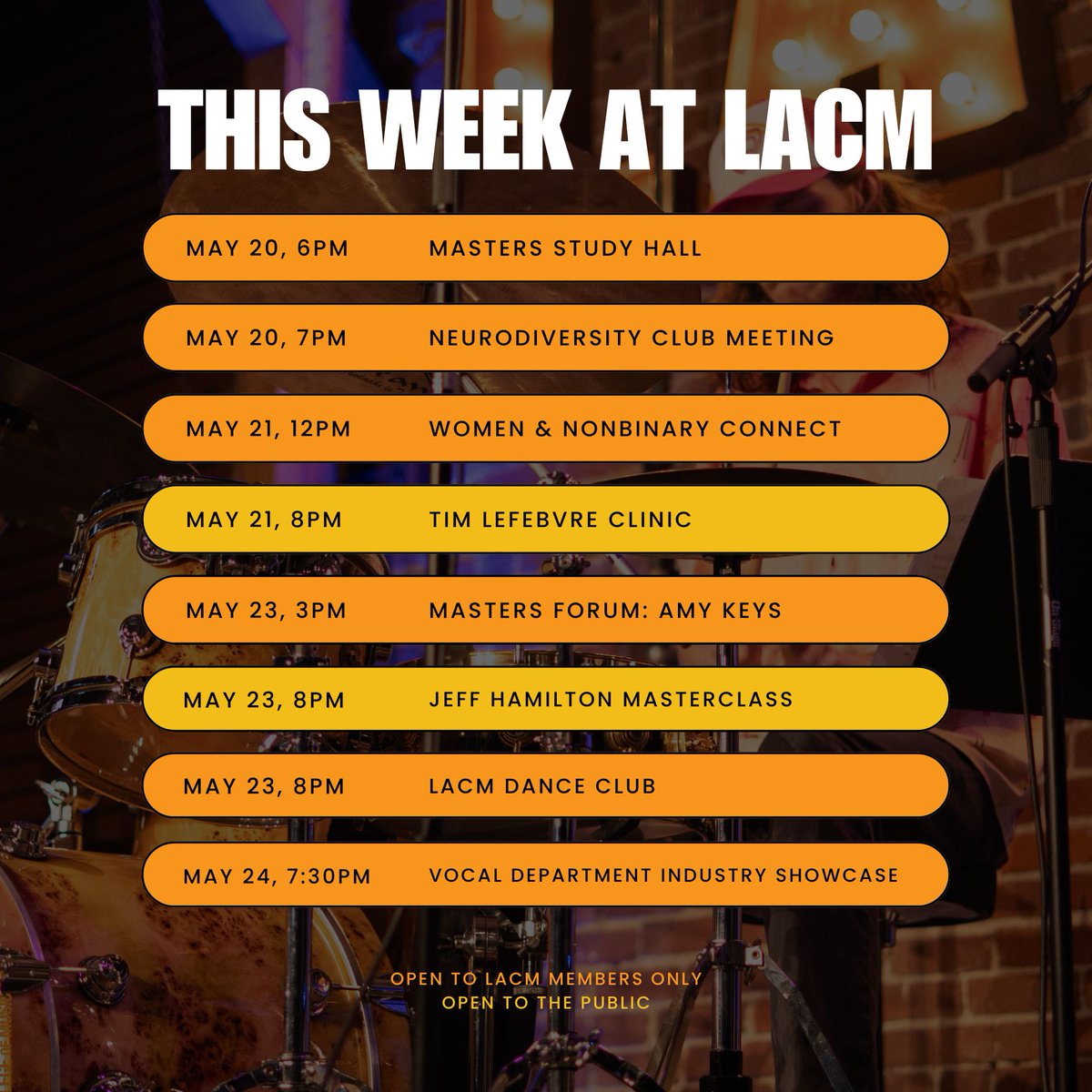 Another jam-packed week of events, clinics, and masterclasses here at LACM! 🎶 Get more info and RSVP at lacm.edu/calendar

#lacmofficial #musicmasterclass #musicschool #losangelescollegeofmusic #musicindustry