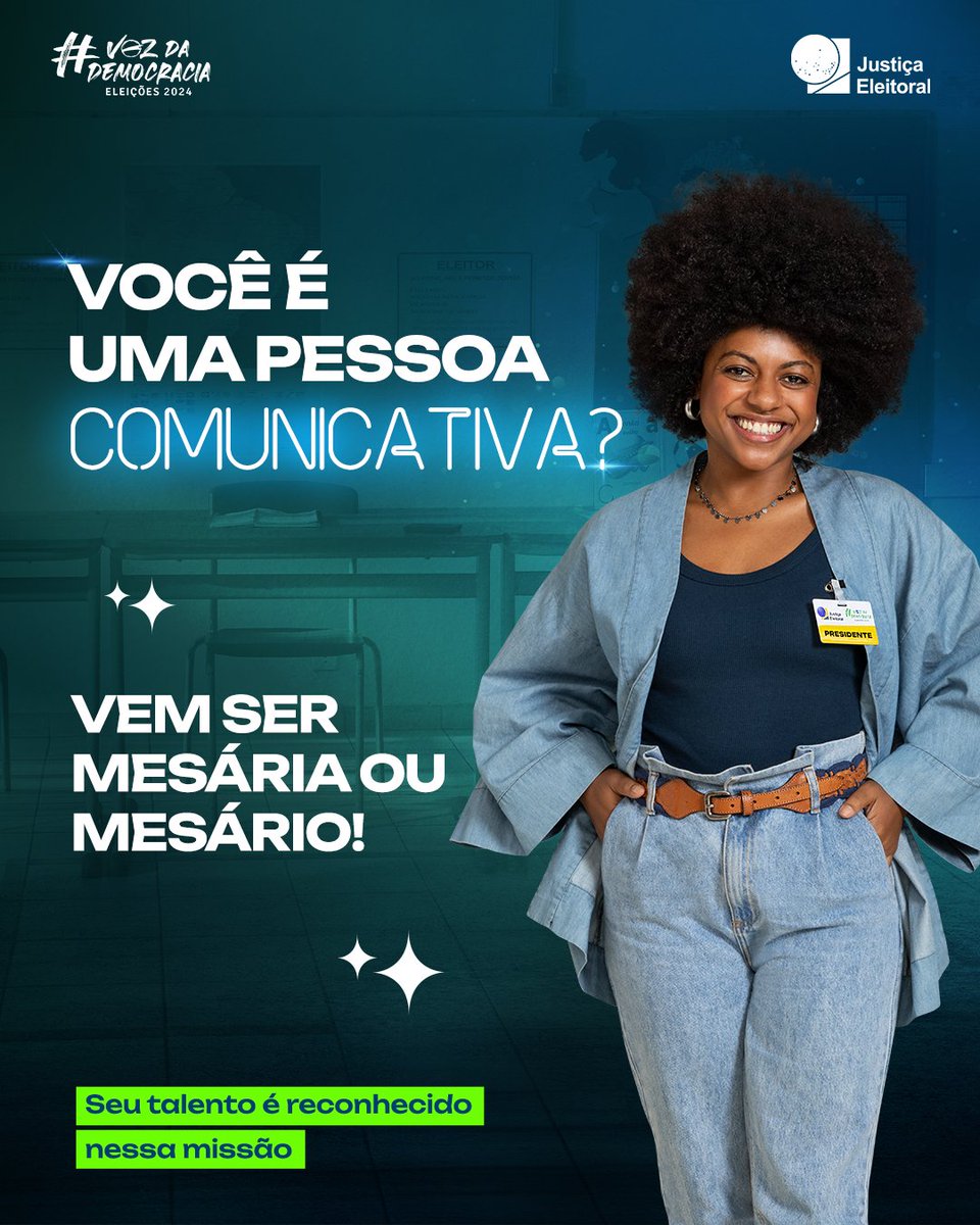 Faça uso do seu #TalentoPraMesária ou #TalentoPraMesário e se voluntarie pras #Eleições2024! Saiba tudo sobre esse trabalho tão necessário pra democracia no Canal do Mesário:[ justicaeleitoral.jus.br/mesario](Mesário "‌") 👩🏽‍💻

‌