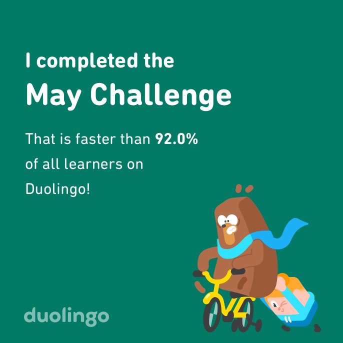 I completed the May challenge faster than 92.0% of all learners on Duolingo!