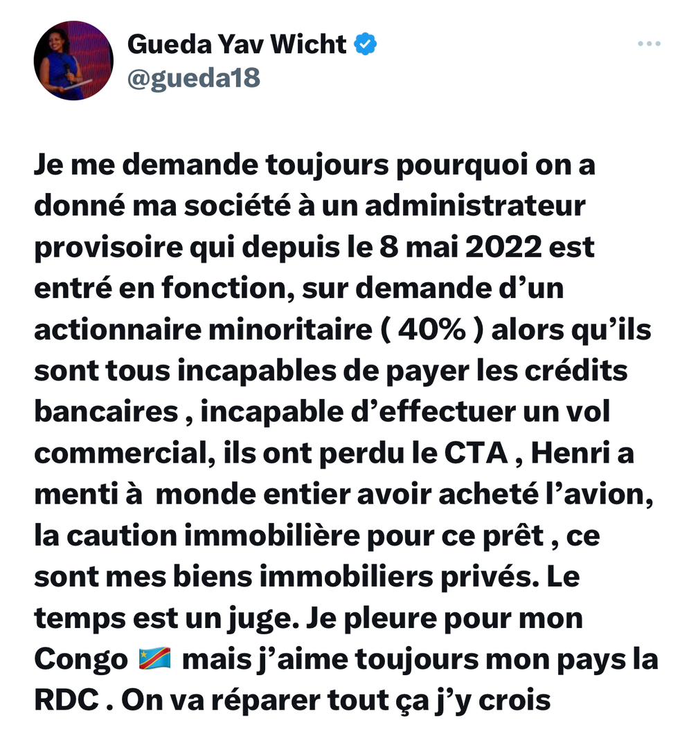 YvesBuya1's tweet photo. #RDC Pour ceux qui suivent le dossier Mwant Jet, ils savent que @gueda18, au delà d’être comédienne, elle sait monter les scénarios. Dans votre tweet où vous demandez pourquoi la société Mwant Jet est mise sous administration provisoire depuis mai 2022, c’est la preuve que la société est différente de votre personne. La Société Mwant Jet n'est pas la propriété de Gueda Yav. Détenir 60% du capital social d'une société ne fait pas de vous propriétaire car elle ne peut exister sans les 40 autres %
@EdmondIzuba1, @Kabaselefranci3 ; @Safari5Junior ; @artnzolameso