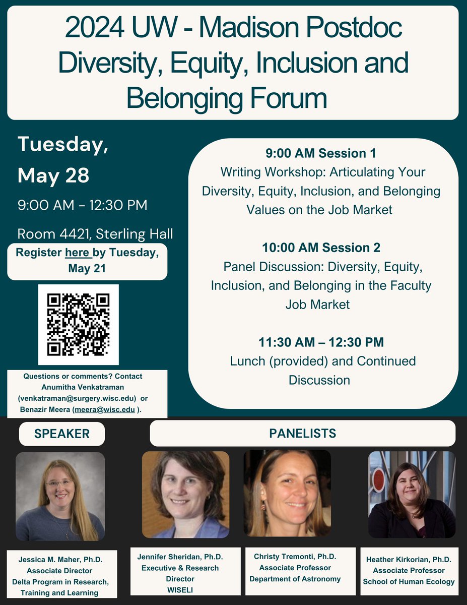 All postdocs are invited to this year's UW-Madison Postdoc Diversity, Equity, Inclusion and Belonging Forum on Tuesday, May 28! Details in the attached flyer, register by Tue, May 21!