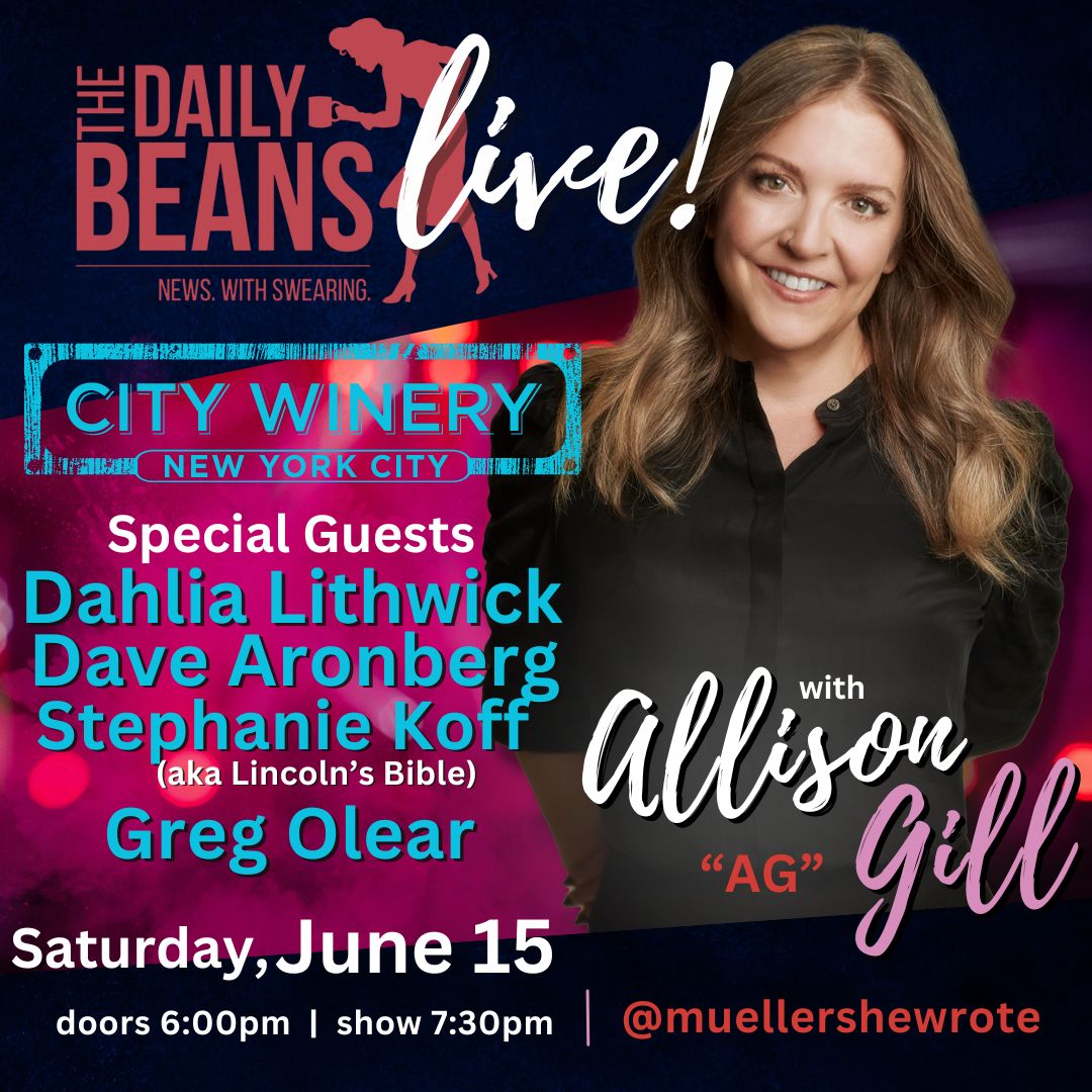 Get your tickets now to see Allison Gill @MuellerSheWrote of #TheDailyBeans at @CityWineryNYC on June 15!!! #MSWMedia Special Guests: @gregolear @Dahlialithwick @LincolnsBible @aronberg Tickets: citywinery.com/new-york-city/…