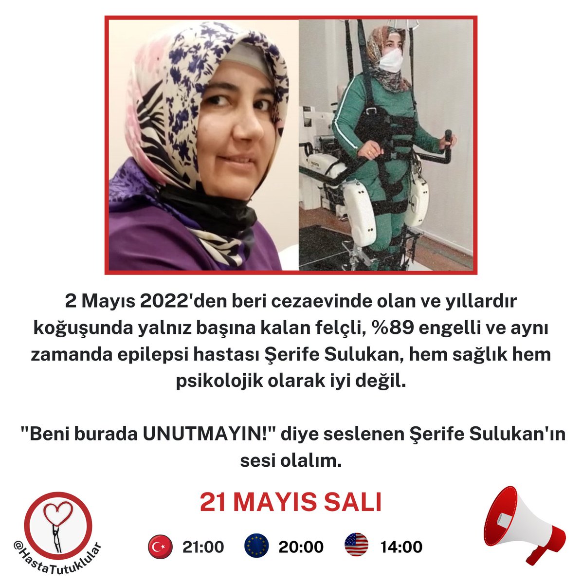 ⭕ETİKET DUYURUSU⭕ Felçli, %89 engelli ve epilepsi hastası KHK'lı fizik öğretmeni Şerife Sulukan'ın sesi olmak için YARIN AKŞAM yapacağımız etiket çalışmasına desteklerinizi bekliyoruz. ⏰ 21.05.2024 (Salı) 🇹🇷 21:00 🇪🇺 20:00 🇺🇸 14:00(NY) #KızılGoncalar Fenerbahçe #MahsaAmini