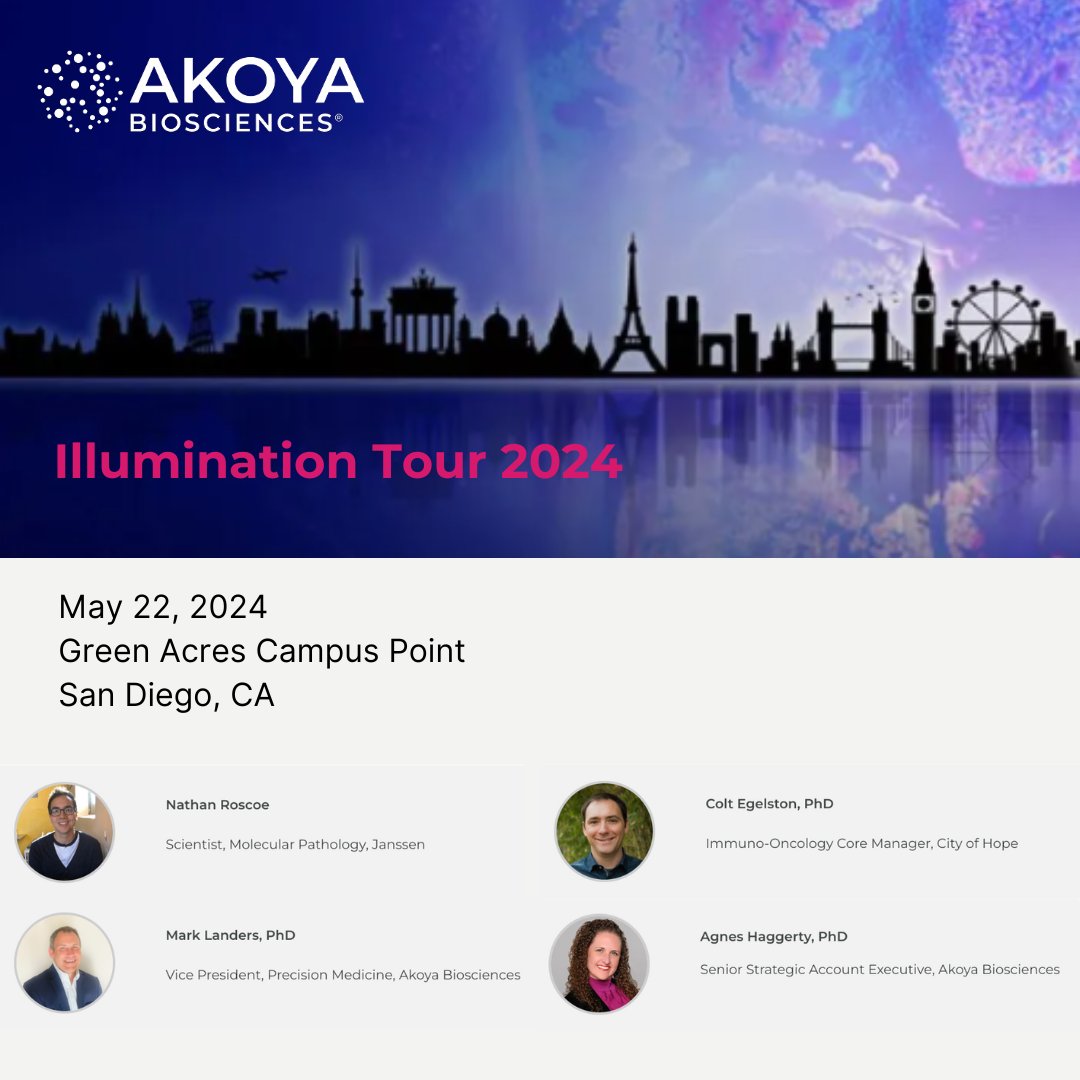 🔆 Are you ready, San Diego? The #IlluminationTour will be coming your way on Wednesday! Hear about the latest advances from Akoya, plus #spatialbiology applications in #pathology & #oncology from experts: @ColtEgelston of @cityofhope & Nathan Roscoe of @JNJInnovMed ❗ Nab one