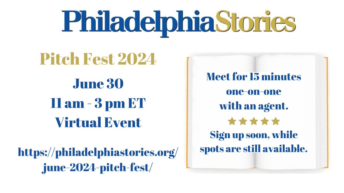 On June 30, 2024, I will be joining other agents for the virtual PhiladelphiaStories 2024 Pitch Fest. All writers are welcome to register. I look forward to meeting those of you who sign up for my sessions - philadelphiastories.org/june-2024-pitc… @StormLiterary