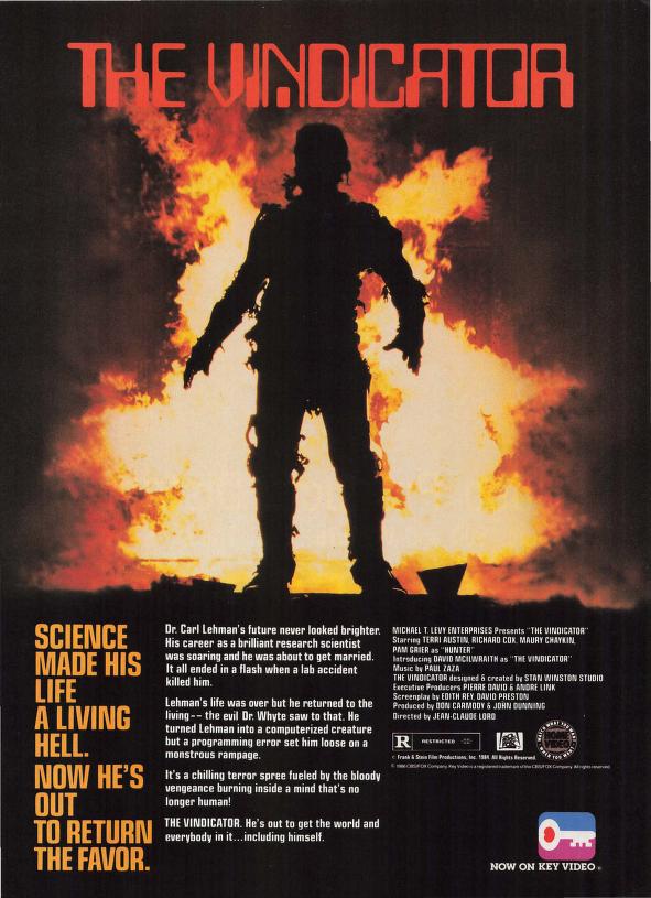 The Vindicator: 'Science made his life a living hell. Now he's out to return the favor.' Key Video ad, 1986.
