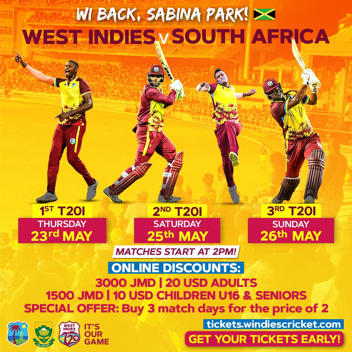 Tag a friend who needs to see this👇🏾

It's the final day to get the online discount at the box office at Sabina Park!🇯🇲

Box Office closes at 5 P.M.
-OR-
Purchase online at windiescricket.com 

#WIREADY #WIvSA