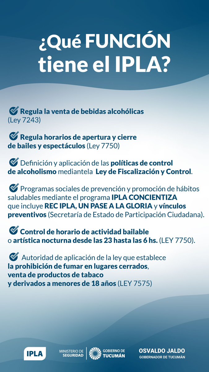😁Te acercamos información importante sobre cuáles son las tareas que realizamos como institución. 

Para más información: 
🧑‍💻ipla.gob.ar
📱381 4310231
Denuncias: 381 5163245