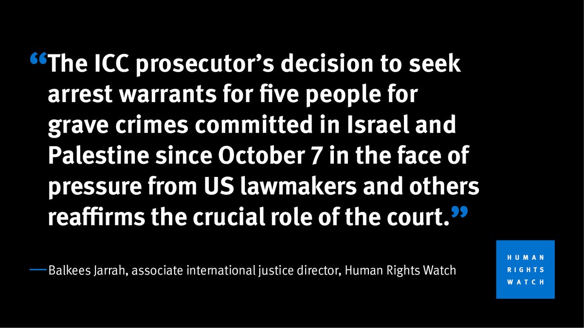 The principled decision to seek arrest warrants for crimes in Israel and Palestine since October 7 reaffirms the crucial role of the @IntlCrimCourt.

ICC members should protect court’s independence and publicly condemn efforts to intimidate or interfere with its work.