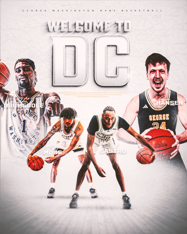 Introducing our transfer class. Welcome to DC <a href="/g_drumgoole24/">Gerald Drumgoole</a>, <a href="/TreyMoss2021/">Trey Moss</a>, <a href="/theylovecastro/">Slim 💔</a> and <a href="/seanhans20/">Sean Hansen</a>! 

📰: gwsports.com/news/2024/5/20…

#RaiseHigh