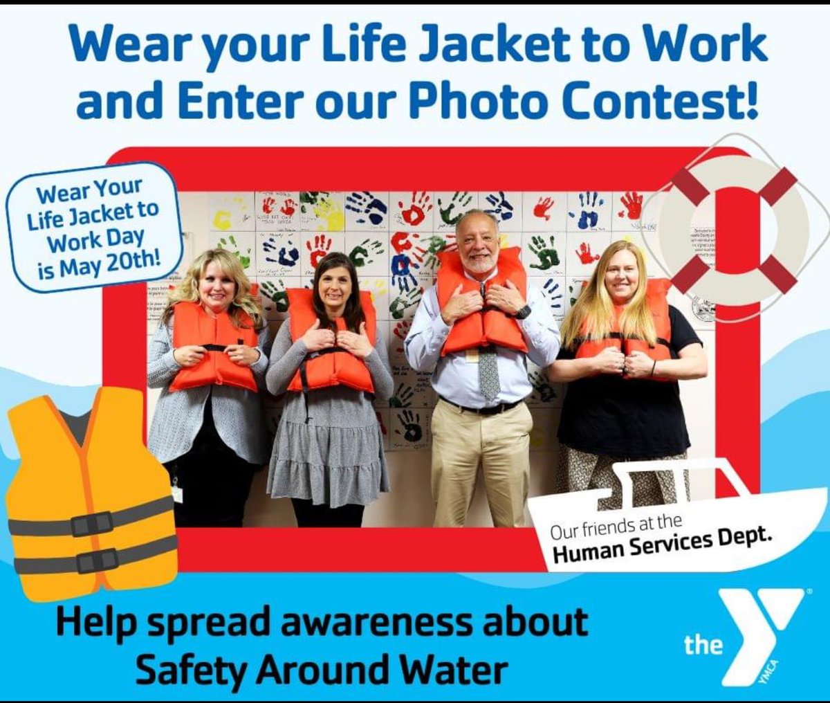 Thanks to our friends at the Human Services Department for helping spread Water Safety Awareness by wearing their life jackets to work! Help spread awareness about Safety Around Water 
𝗟𝗲𝗮𝗿𝗻 𝗺𝗼𝗿𝗲 𝗮𝗻𝗱 𝘀𝘂𝗯𝗺𝗶𝘁 𝘆𝗼𝘂𝗿 𝗽𝗵𝗼𝘁𝗼 𝗮𝘁 --> bit.ly/4dS46of