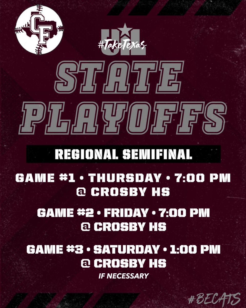 🚨REGIONAL SEMIFINAL INFO🚨

🆚 Clear Springs Chargers
🗓️ Thu 5/23 - Sat 5/25

#beCATS | #BFND | 🐾⚾️