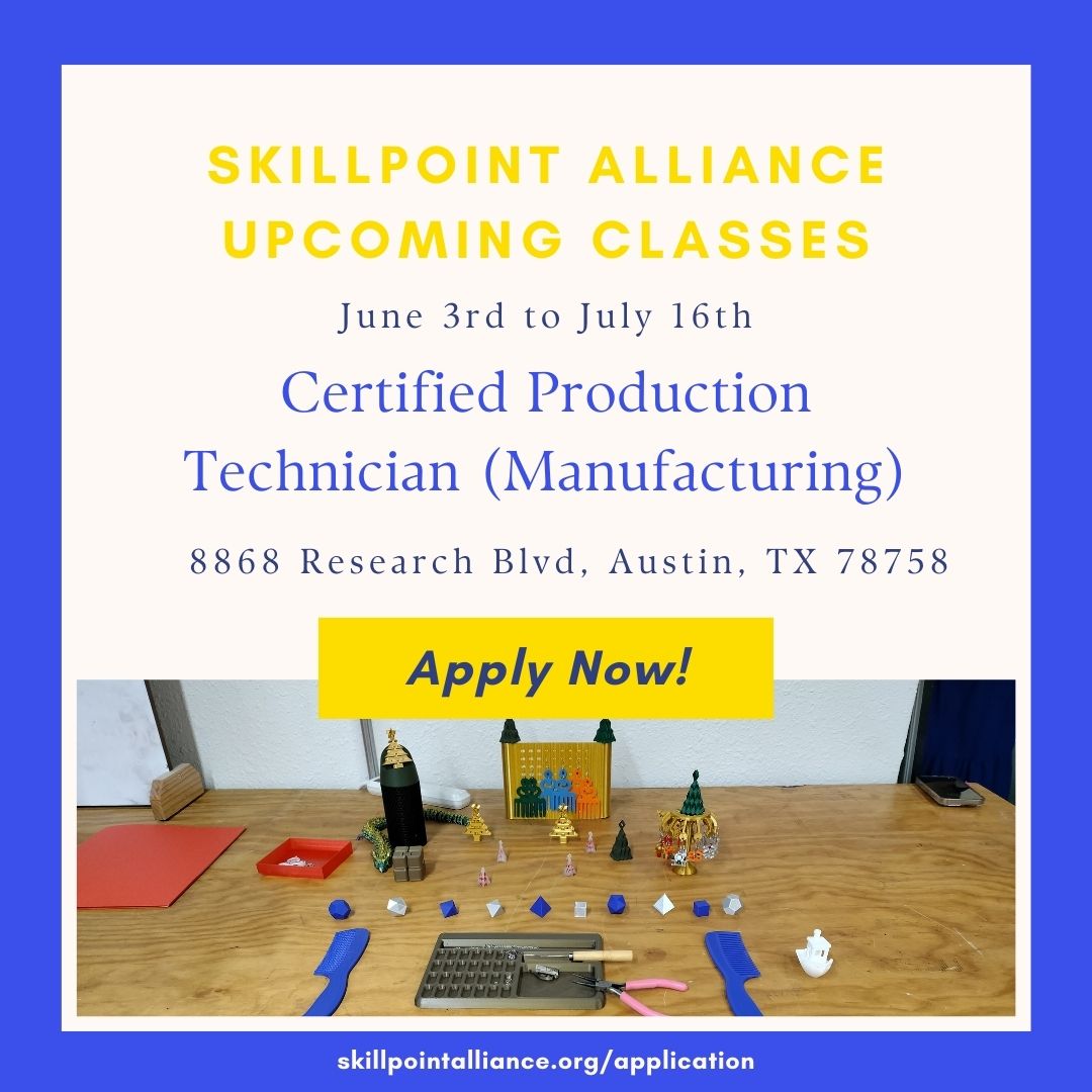 Apply for one of our upcoming summer classes!

 #ApplyNow #EducationOpportunity #CareerDevelopment #NewSkills #SkillBuilding #AustinClasses #DelValleClasses #NewBraunfelsClasses #SkillpointAlliance