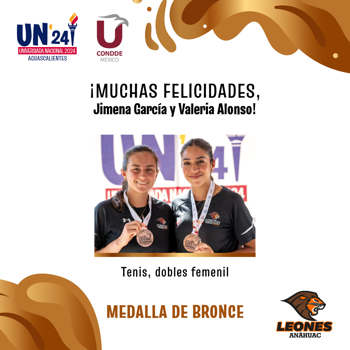 #VamosLeones Jimena García y Valeria Alonso se llevan la medalla de bronce en Tenis, dobles femenil en la @UniversiadaMX🥉👏🏼 ¡Muchas felicidades! 🦁🙌🏼 #UniversiadaNacional2024 @ConddeMx