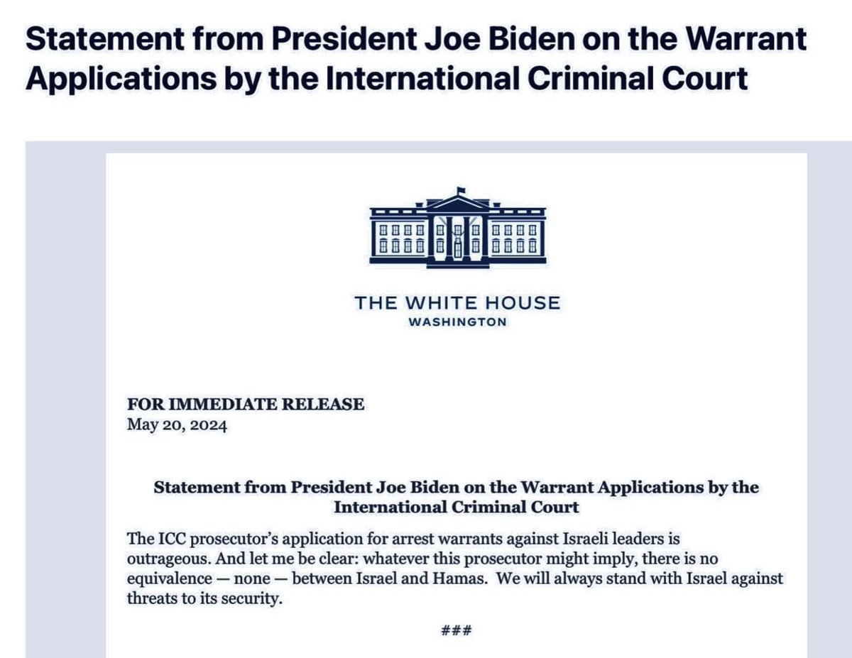 Thank you @POTUS  @JoeBiden 
 “Let me be clear: whatever this prosecutor might imply, there is NO EQUIVALENCE— NONE— between ISRAEL & HAMAS 
We will always #StandWithIsrael against threats to its security.”#westandwithIsrael #democratsforIsrael  #ICC #freePalestineafromHamas 🇮🇱