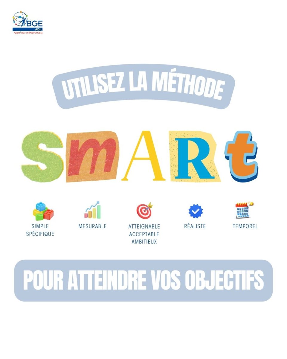 BGEADIL's tweet image. 🌟 Atteignez vos objectifs avec la méthode SMART ! 🎯

BGE ADIL vous accompagne à chaque étape de votre parcours entrepreneurial. 💡🚀

bge-adil.eu

#ObjectifsSMART #Entrepreneuriat #Réussite #BGE #PlanificationStratégique