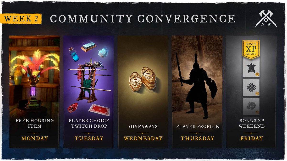 playnewworld's tweet photo. Week 2 of Community Convergence has arrived!

📝 Haiku Contest
🔥 Free Rising Fire Bouquet
👉 Player's Choice Twitch Drop
🔦 Spotlights
🏆 In-Game XP Bonuses

More info here: https://t.co/XC1Ay3LEu5 https://t.co/vfgTN35Roz