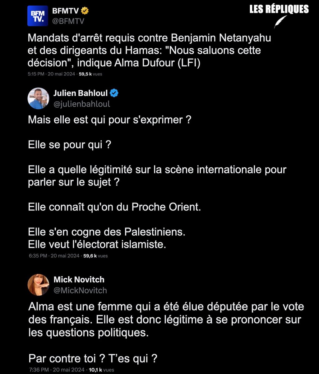 L'ancien porte-parole de l'armée israélienne @julienbahloul à propos de la députée Française @alma_dufour : 'Mais elle est qui pour s'exprimer ?'. L'élue s'exprimait sur BFM suite au mandat d'arrêt demandé par le procureur de la CPI à l'encontre de Benjamin Netanyahu