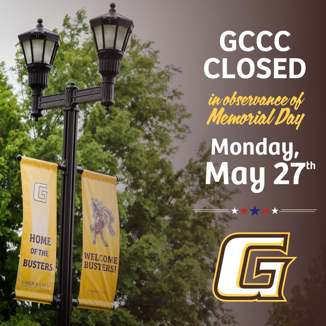 GCCC will be closed Monday, May 27th for Memorial Day. No classes or office hours. Regular operations resume Tuesday, May 28. Summer hours: Mon-Thurs 8 a.m. - 4 p.m. & Fri 8 a.m. - noon. Enrollment is open for Summer and Fall 2024. Contact 620-276-9608 or admission@gcccks.edu