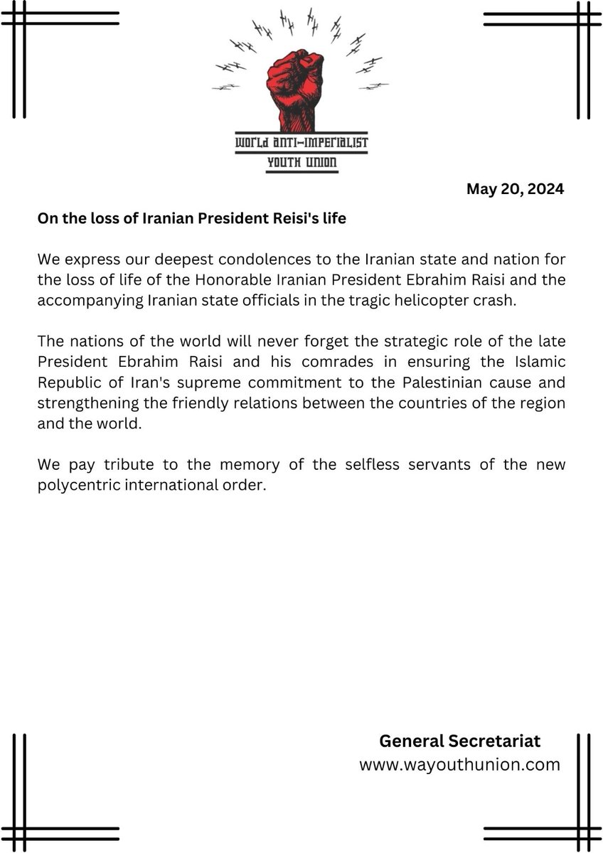 🇮🇷 We express our deepest condolences to the Iranian state and nation for the loss of life of the Honorable Iranian President Ebrahim Raisi and the accompanying Iranian state officials in the tragic helicopter crash. 
<a href="/IRIMFA_EN/">Foreign Ministry, Islamic Republic of Iran 🇮🇷</a>
<a href="/Iran_in_Turkiye/">Iran Embassy in Türkiye</a>
<a href="/IraninIstanbul/">İran consulate in Istanbul</a>

#Iran #President