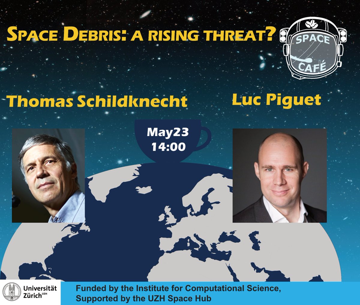 Space Debris: a rising threat? Listen to @lucpiguet, CEO of @ClearSpaceToday and Thomas Schildknecht, Astronomical Institute of the @unibern in our Space Café Seminar on May 23, 2pm at @UZH_en Irchel Campus.spacehub.uzh.ch/en/events/Spac… @UZH_Science #Newspace