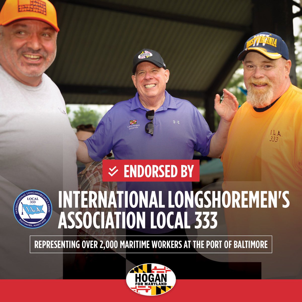 GovLarryHogan's tweet photo. I am truly humbled to receive the endorsement of International Longshoremen’s Association Local 333, which represents thousands of maritime workers at the Port of Baltimore. 

The longshoremen know that I always had their backs as governor, and that’s exactly what I’ll do in the Senate. We’ll work together not only to ensure full recovery from the collapse of the Key Bridge, but to continue to advance generational investments in our infrastructure.