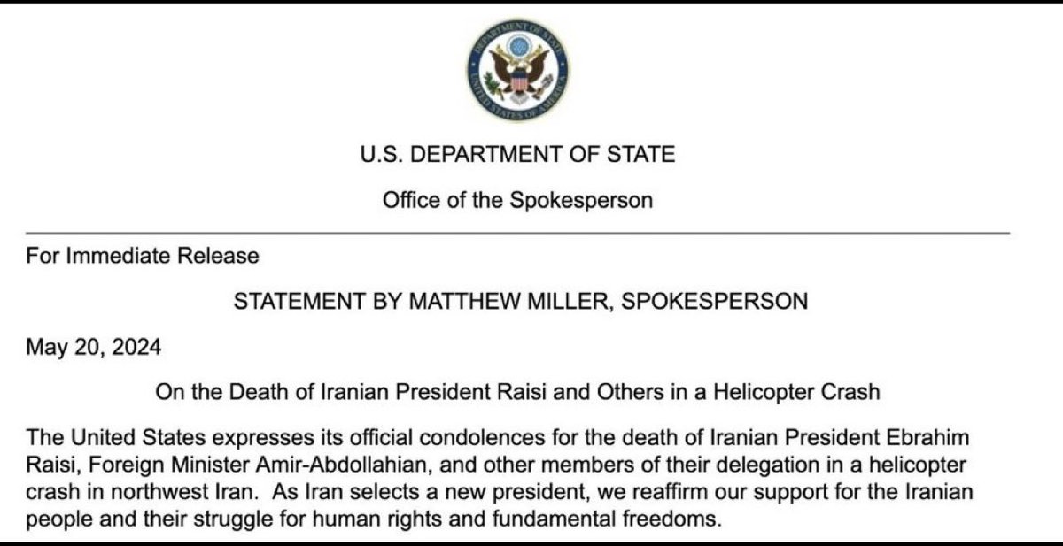 Condolences? Why is the U.S. sending condolences for Raisi’s death? Raisi ordered protesters be killed. He oversaw the systematic rape of women - and demanded gay men be hanged and thrown off buildings.