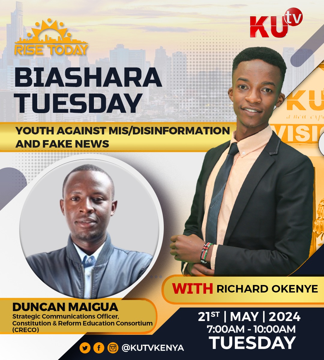Youth are the digital natives. What is their role in curbing mis/disinformation and fake news? Tune in to @kutv_kenya tomorrow as our Strategic Communications Officer @Duncan_Maigua discusses this critical issue. 📅 20.05.2024 ⏰7-10AM #VijanaTuchanuke