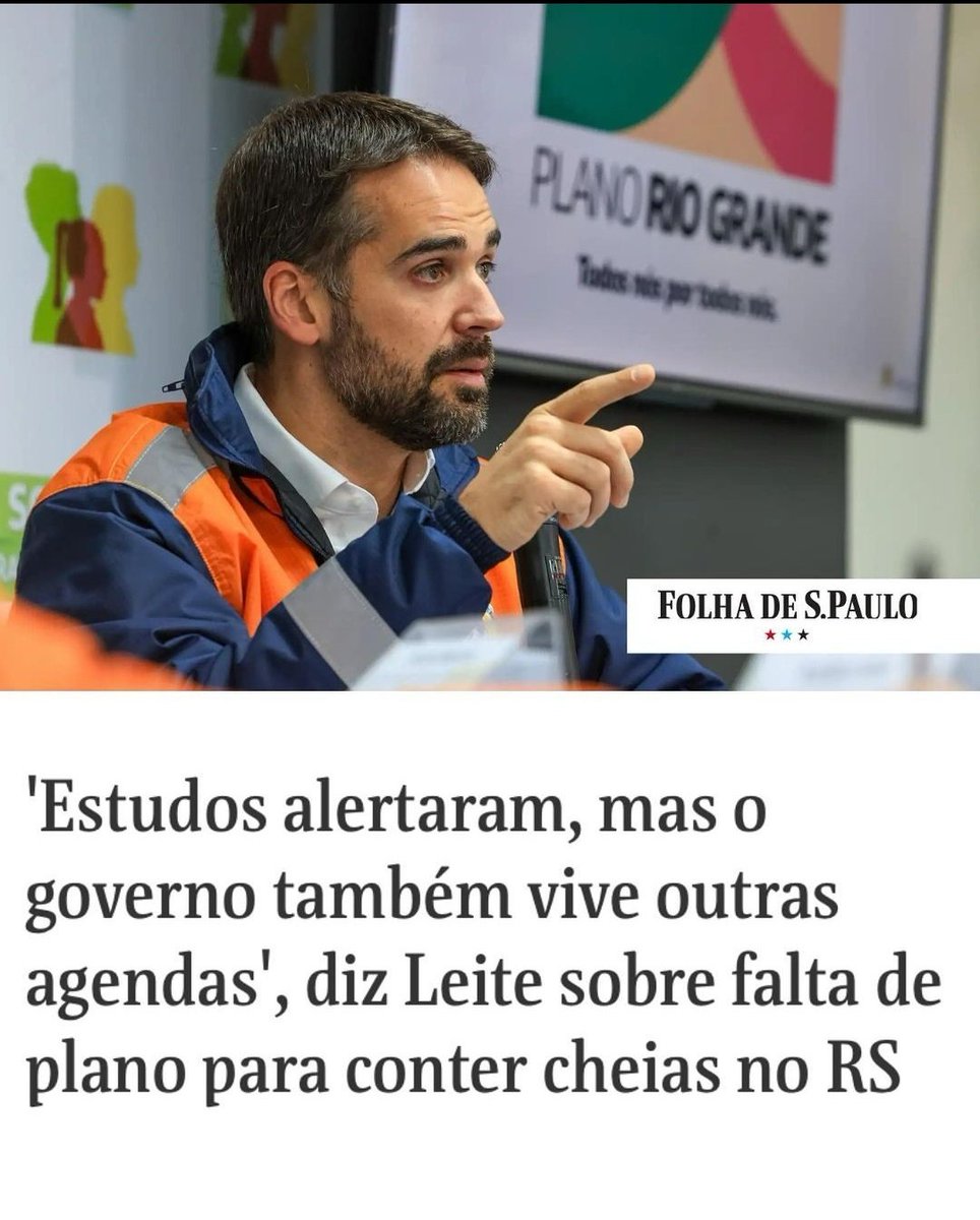 'Estudos alertaram, mas o governo também vive outras agendas' Eduardo Leite, a verdadeira tragédia que se abateu no Roo Grande do Sul foi ter você como governador.