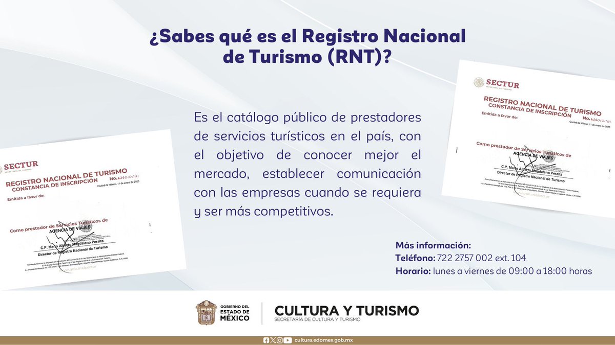 ¿Eres prestador de servicios turísticos del #EstadoDeMéxico? Recuerda que es importante que cuentes con tu Registro Nacional de Turismo (RNT)