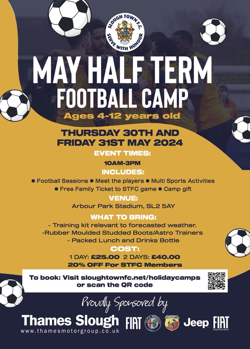 With half term approaching, make sure you sign up for our football camps on Thursday 30th and Friday 31st May! ⚽️ The cost for both days is just £40, with Slough Town Members receiving 20% off! Visit sloughtownfc.net/holidaycamps to register. #OneSlough