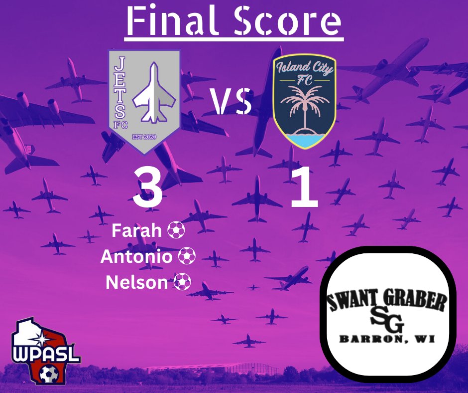 PoskinJetsFC's tweet photo. Happy Monday!😁

The guys took all 3 points yesterday! Farah, Antonio, and Nelson all scored their first goals for the club to seal the victory!

This is brought to you by our official scoreboard sponsor for 2024, Swant Graber Motors!

#PJFC #WPASL #2024SZN #FlightClub✈ https://t.co/wz3sZghyMc